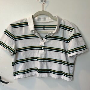 Green yellow black white striped cropped polo shirt